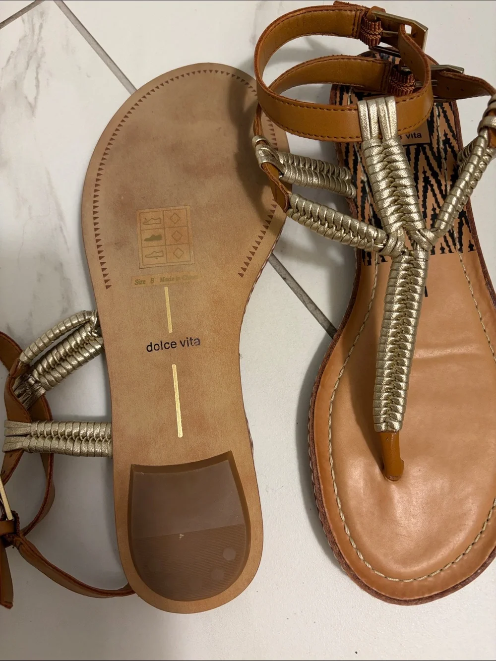Dolce Vita Braided Metallic T-Strap Brown Sandals - Women's Casual Summer Shoe